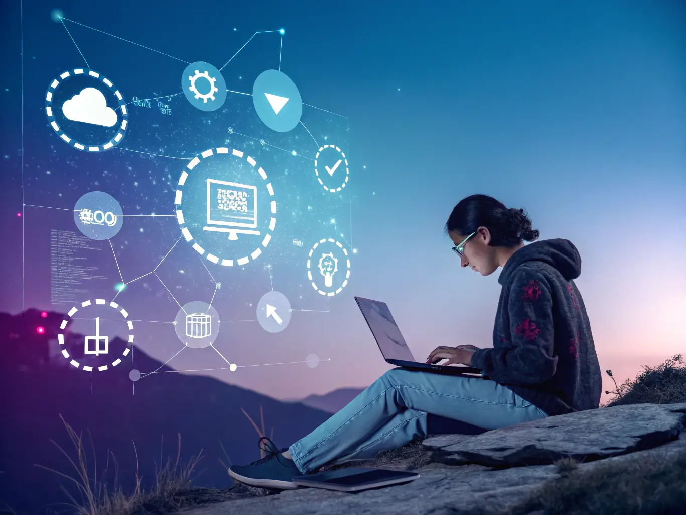 An illustration of a young person working on a laptop with digital icons representing gigs and opportunities around them, symbolizing taskHUB's digital gig platform.